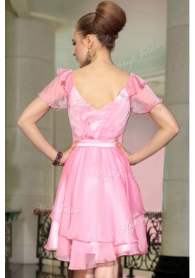 Low Price Rose Pink Square Side Zipper Belt Dress for Prom Cap Sleeves