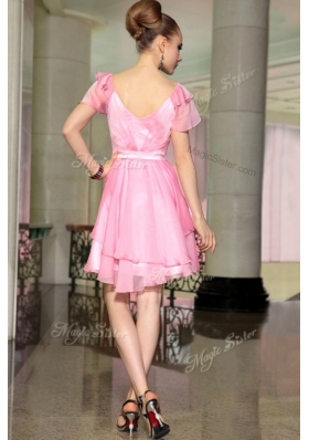 Low Price Rose Pink Square Side Zipper Belt Dress for Prom Cap Sleeves