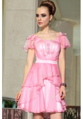 Low Price Rose Pink Square Side Zipper Belt Dress for Prom Cap Sleeves