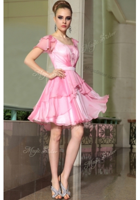 Low Price Rose Pink Square Side Zipper Belt Dress for Prom Cap Sleeves