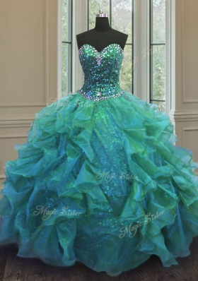 Most Popular Turquoise Sweetheart Neckline Beading and Ruffles Quinceanera Dress Sleeveless Lace Up