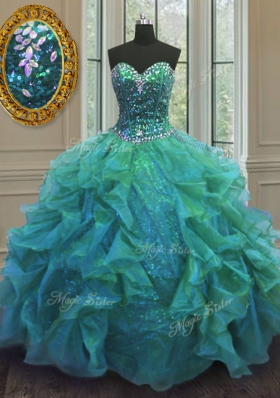 Most Popular Turquoise Sweetheart Neckline Beading and Ruffles Quinceanera Dress Sleeveless Lace Up