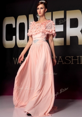 Nice Beading Baby Pink Side Zipper Short Sleeves Floor Length