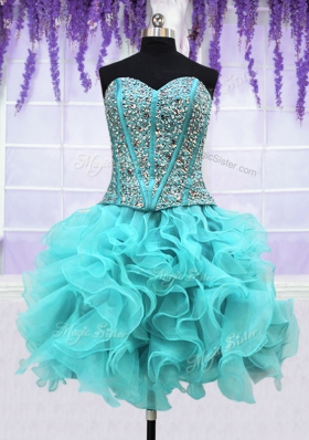 Nice Four Piece Sequins Floor Length Ball Gowns Sleeveless Aqua Blue Quinceanera Gown Lace Up