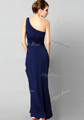 Noble One Shoulder Sleeveless Silk Like Satin Prom Dress Beading and Ruching Side Zipper