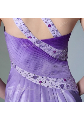 One Shoulder Floor Length Lavender Dress for Prom Chiffon Sleeveless Beading and Ruching