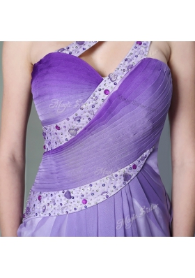 One Shoulder Floor Length Lavender Dress for Prom Chiffon Sleeveless Beading and Ruching