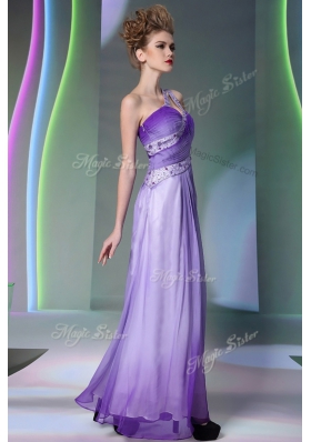 One Shoulder Floor Length Lavender Dress for Prom Chiffon Sleeveless Beading and Ruching