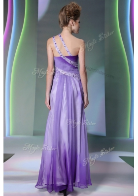 One Shoulder Floor Length Lavender Dress for Prom Chiffon Sleeveless Beading and Ruching