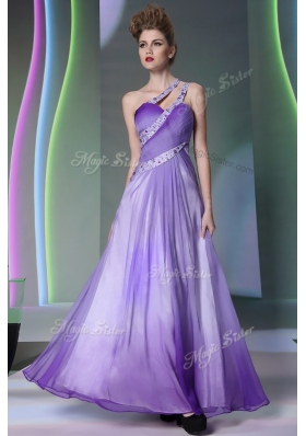 One Shoulder Floor Length Lavender Dress for Prom Chiffon Sleeveless Beading and Ruching