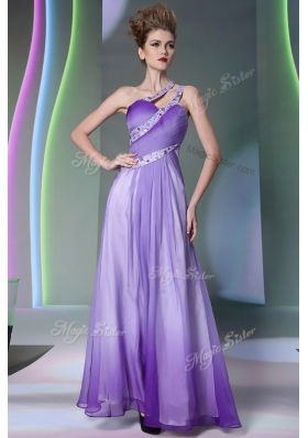 One Shoulder Floor Length Lavender Dress for Prom Chiffon Sleeveless Beading and Ruching