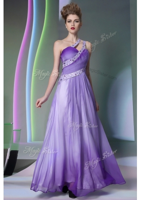 One Shoulder Floor Length Lavender Dress for Prom Chiffon Sleeveless Beading and Ruching
