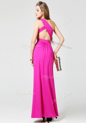 One Shoulder Purple Sleeveless Floor Length Beading Criss Cross Homecoming Dress