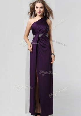 One Shoulder Purple Sleeveless Floor Length Beading Criss Cross Homecoming Dress