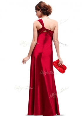 One Shoulder Ruching Prom Dress Wine Red Criss Cross Sleeveless Floor Length