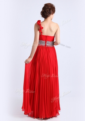 One Shoulder Sleeveless Chiffon Prom Dresses Beading and Ruching and Pleated Zipper
