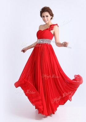 One Shoulder Sleeveless Chiffon Prom Dresses Beading and Ruching and Pleated Zipper
