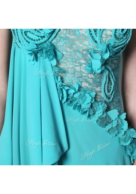 One Shoulder Teal Side Zipper Lace and Hand Made Flower Sleeveless Floor Length