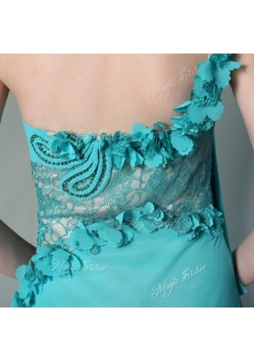 One Shoulder Teal Side Zipper Lace and Hand Made Flower Sleeveless Floor Length