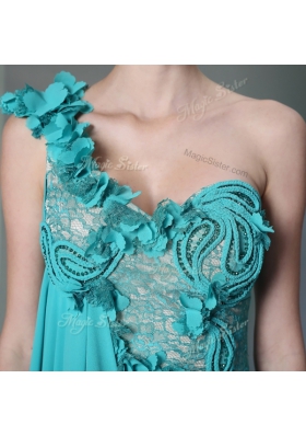 One Shoulder Teal Side Zipper Lace and Hand Made Flower Sleeveless Floor Length