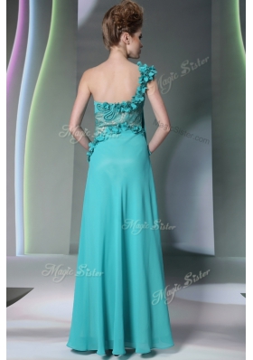 One Shoulder Teal Side Zipper Lace and Hand Made Flower Sleeveless Floor Length