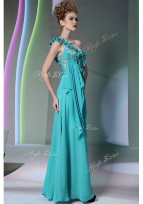 One Shoulder Teal Side Zipper Lace and Hand Made Flower Sleeveless Floor Length