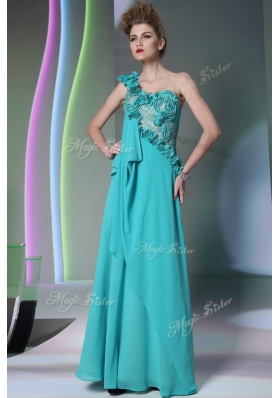 One Shoulder Teal Side Zipper Lace and Hand Made Flower Sleeveless Floor Length