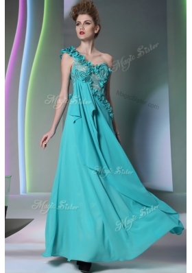 One Shoulder Teal Side Zipper Lace and Hand Made Flower Sleeveless Floor Length