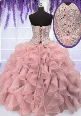 Pink Organza Lace Up Vestidos de Quinceanera Sleeveless Floor Length Beading and Ruffles