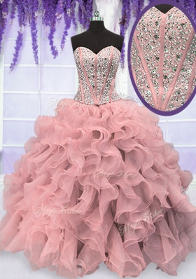 Pink Organza Lace Up Vestidos de Quinceanera Sleeveless Floor Length Beading and Ruffles