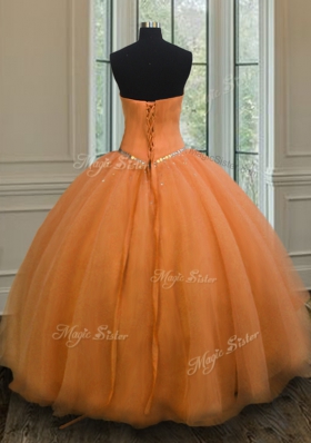 Popular Orange Sleeveless Floor Length Beading Lace Up Sweet 16 Dresses