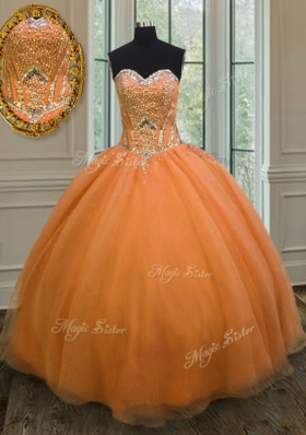 Popular Orange Sleeveless Floor Length Beading Lace Up Sweet 16 Dresses