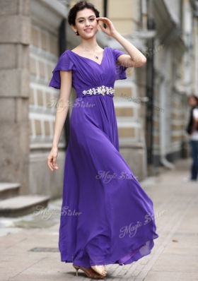 Purple Zipper Prom Dresses Beading and Appliques and Ruching Cap Sleeves Ankle Length