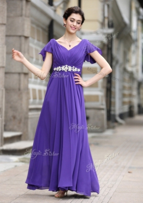 Purple Zipper Prom Dresses Beading and Appliques and Ruching Cap Sleeves Ankle Length