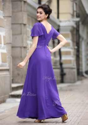 Purple Zipper Prom Dresses Beading and Appliques and Ruching Cap Sleeves Ankle Length