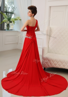 Red Dress for Prom Prom and Party and For with Beading and Ruching One Shoulder Sleeveless Sweep Train Zipper
