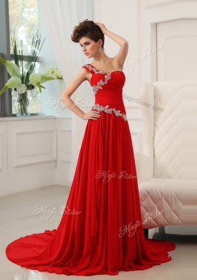 Red Dress for Prom Prom and Party and For with Beading and Ruching One Shoulder Sleeveless Sweep Train Zipper