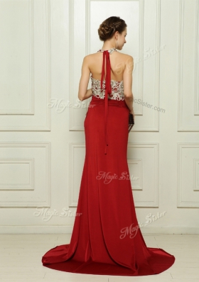 Red Sleeveless With Train Beading and Appliques Zipper Prom Gown