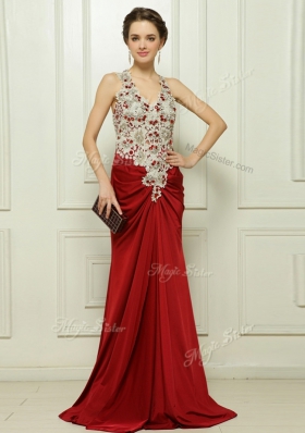 Red Sleeveless With Train Beading and Appliques Zipper Prom Gown