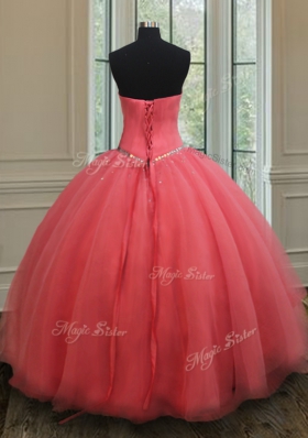 Romantic Watermelon Red Sleeveless Organza Lace Up Quinceanera Gown for Military Ball and Sweet 16 and Quinceanera