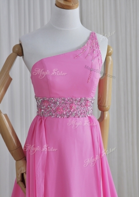Rose Pink One Shoulder Lace Up Beading Prom Dresses Brush Train Sleeveless