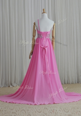 Rose Pink One Shoulder Lace Up Beading Prom Dresses Brush Train Sleeveless