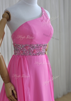 Rose Pink One Shoulder Lace Up Beading Prom Dresses Brush Train Sleeveless