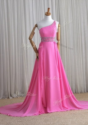 Rose Pink One Shoulder Lace Up Beading Prom Dresses Brush Train Sleeveless