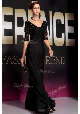 Scoop Half Sleeves Chiffon Prom Party Dress Lace and Ruching Backless