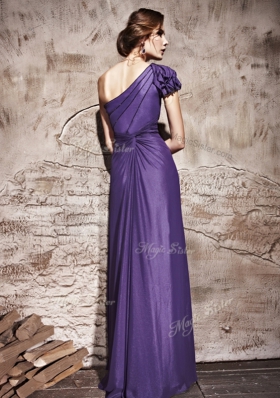 Sexy Purple Side Zipper One Shoulder Ruching Prom Gown Chiffon Cap Sleeves