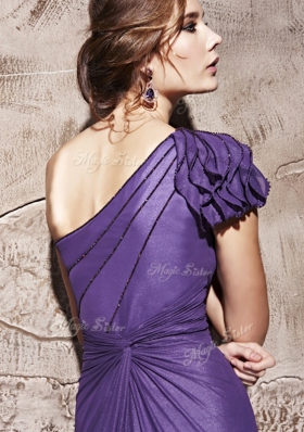 Sexy Purple Side Zipper One Shoulder Ruching Prom Gown Chiffon Cap Sleeves