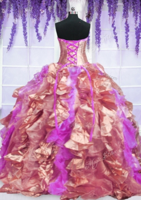 Shining Four Piece Orange Organza Lace Up Quinceanera Dresses Sleeveless Floor Length Embroidery and Ruffles