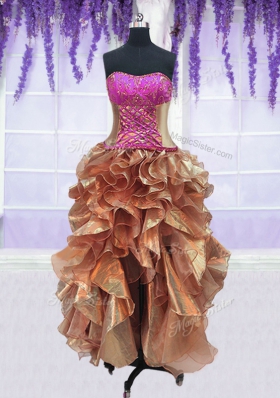 Shining Four Piece Orange Organza Lace Up Quinceanera Dresses Sleeveless Floor Length Embroidery and Ruffles