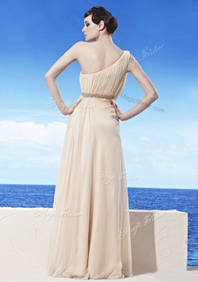 Shining One Shoulder Sleeveless Floor Length Beading and Ruching Side Zipper Dress for Prom with Champagne